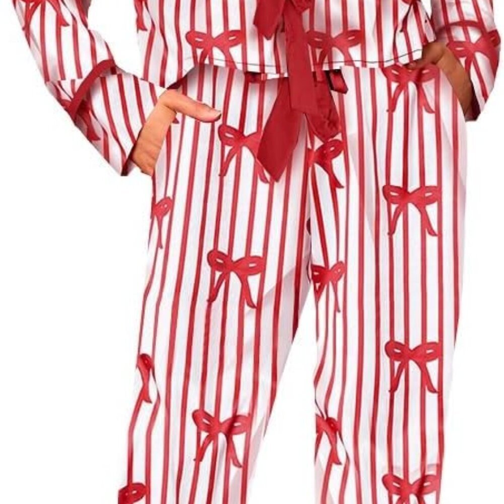 Silk Satin Pajama Set Long Sleeve Lounge Sleepwear Ribbon Tie Front